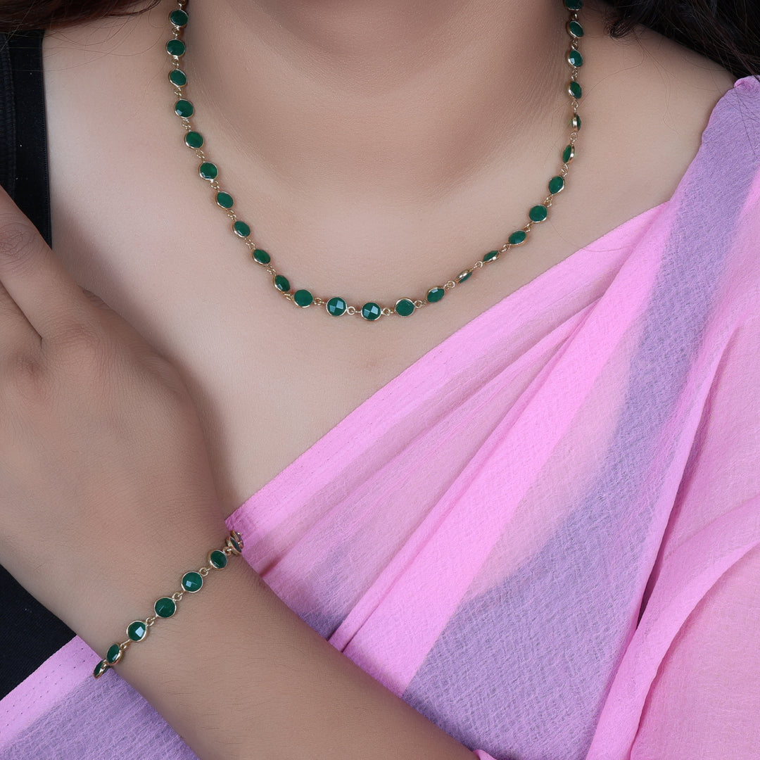 gold plating Emerald Green Stone Necklace & Bracelet Set | Women's Jewelry Gift