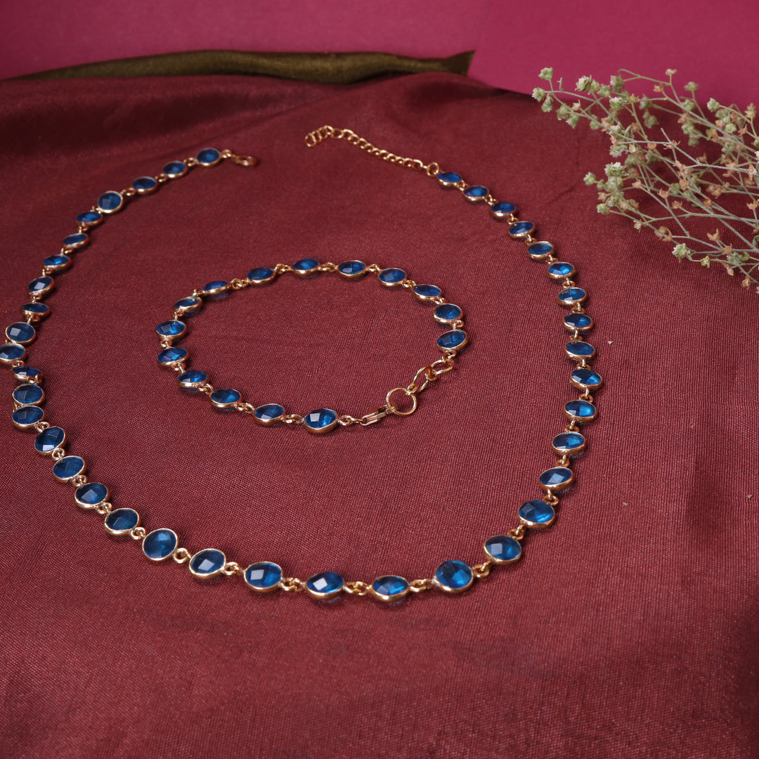 gold plating Blue Gemstone Necklace & Bracelet Set for Women | Gift Jewelry