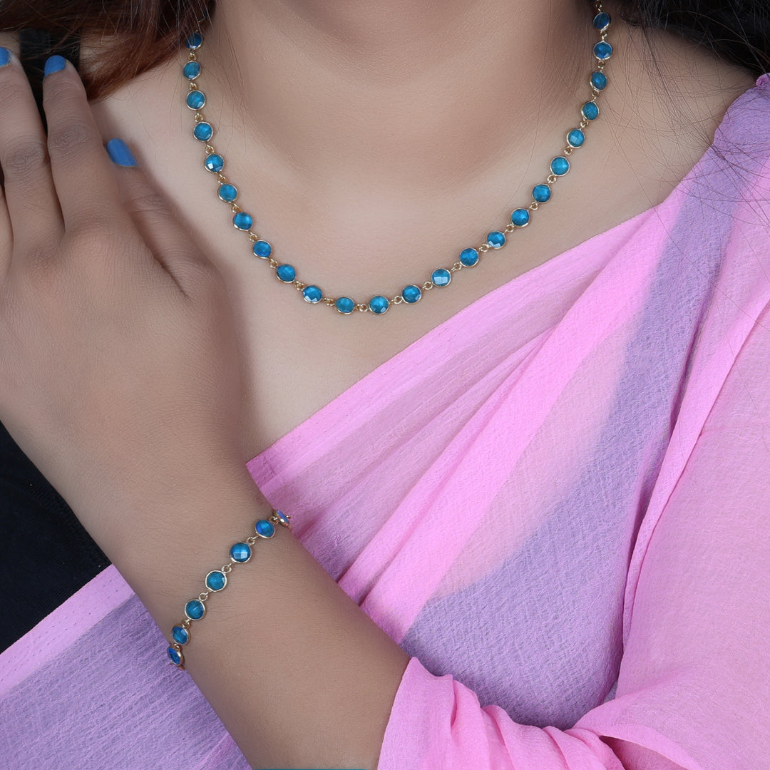 gold plating Blue Gemstone Necklace & Bracelet Set for Women | Gift Jewelry