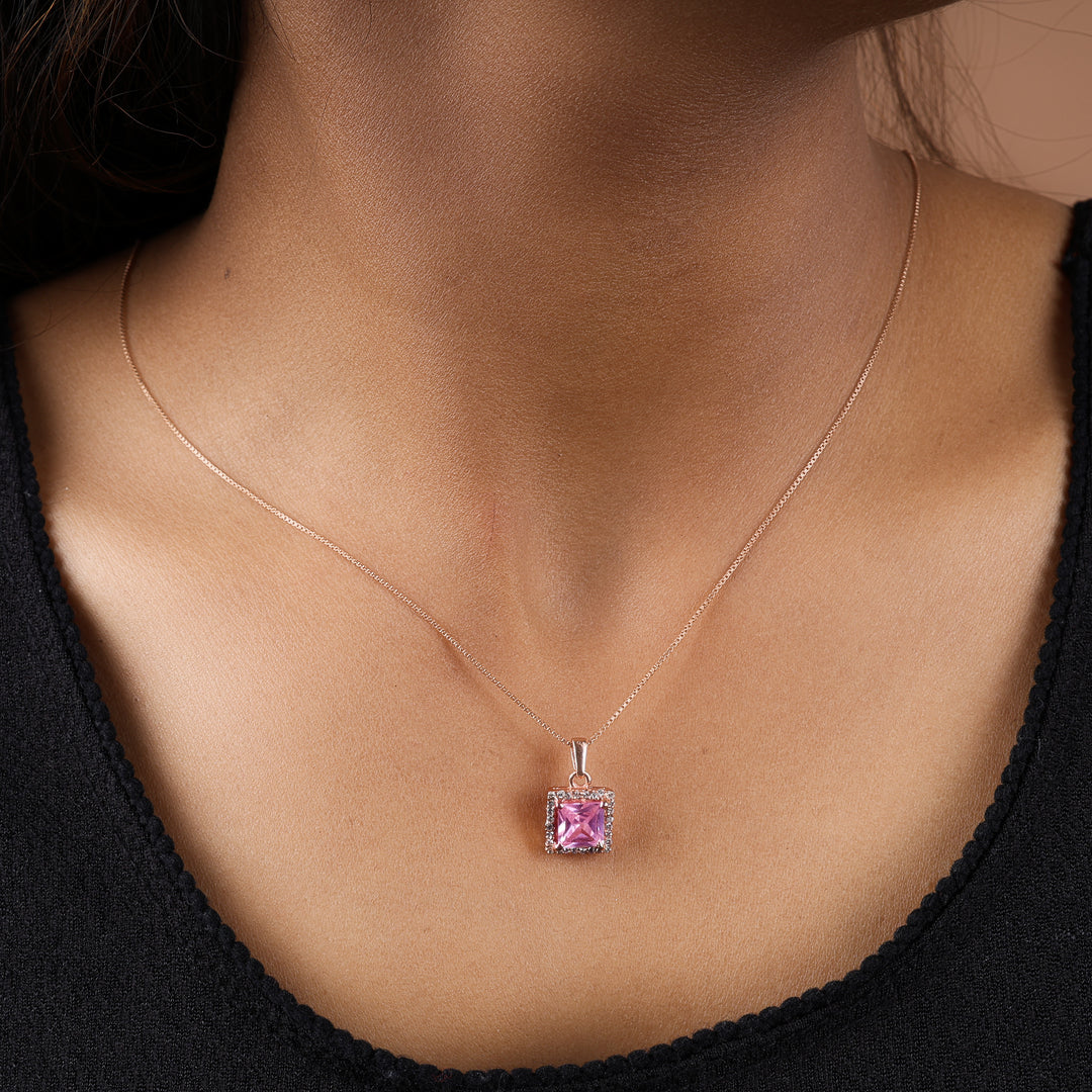 Rose Gold Plated Solitaire Princess Cut Pink Stone Pendant Necklace
