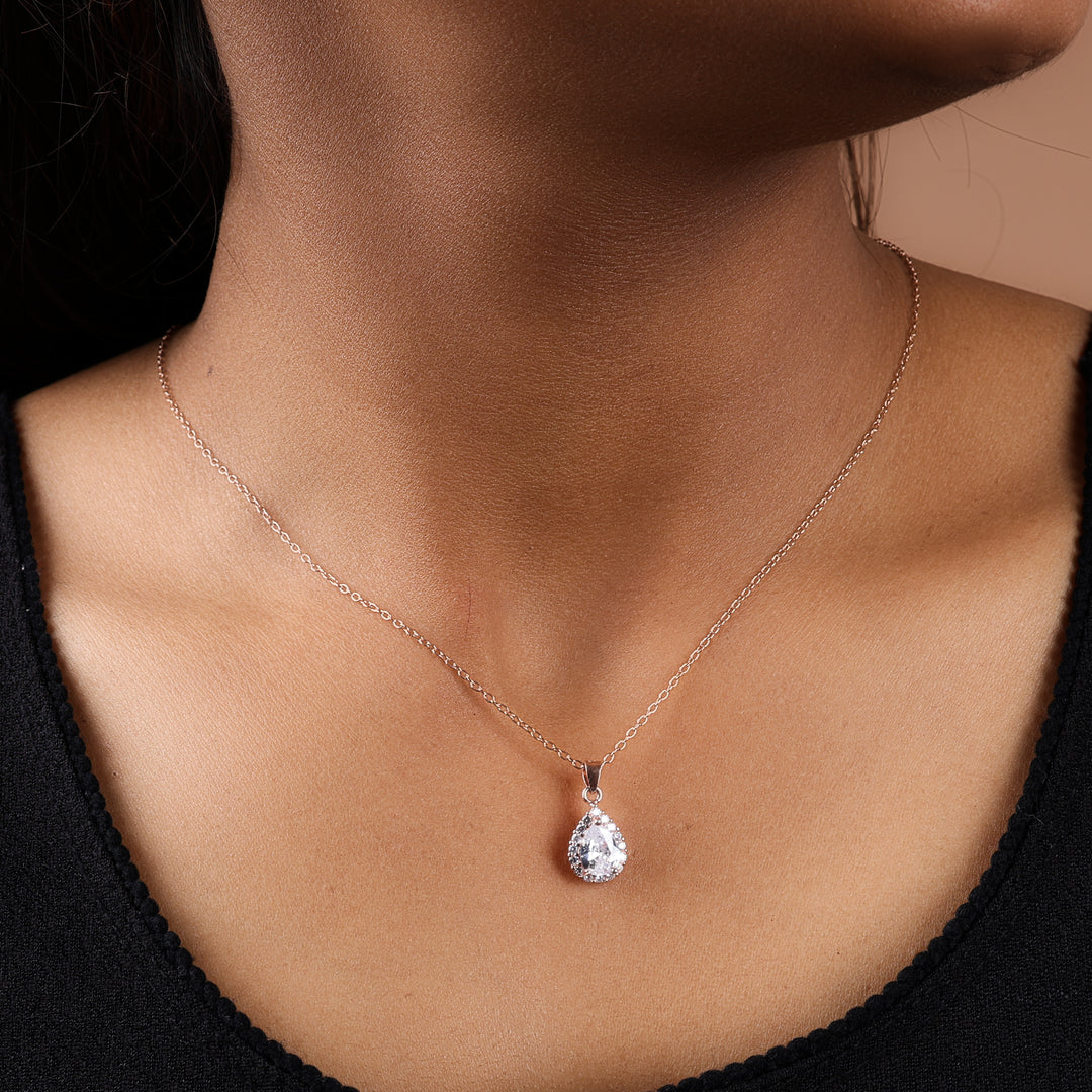 Rose Gold Plated Teardrop Cubic Zirconia Pendant Necklace for Women