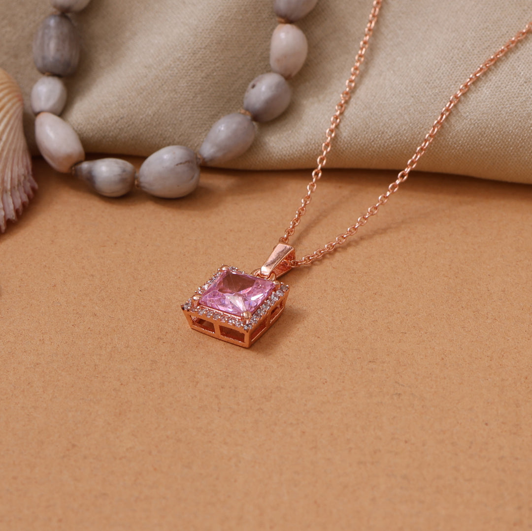 Rose gold plating Pink Sapphire Square Pendant Necklace | Women's Gift