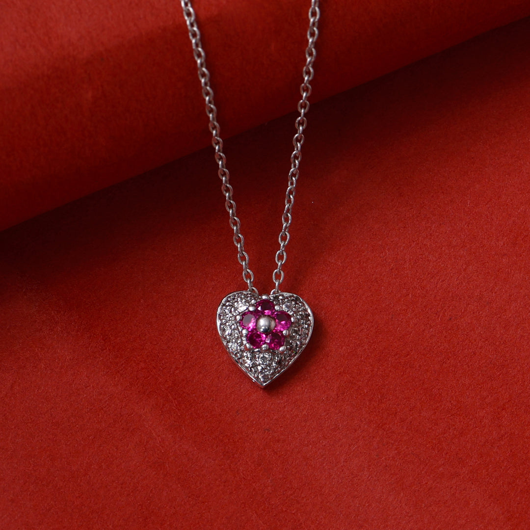 925 Silver Ruby Flower Heart Pendant Necklace for Women