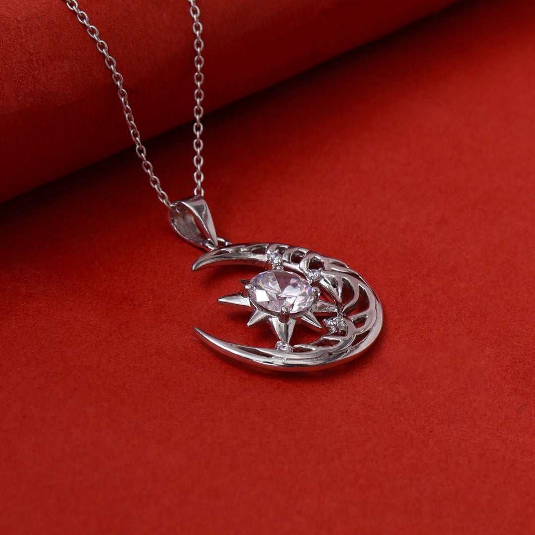 925 Silver Crescent Moon & Star Pendant Necklace for Women