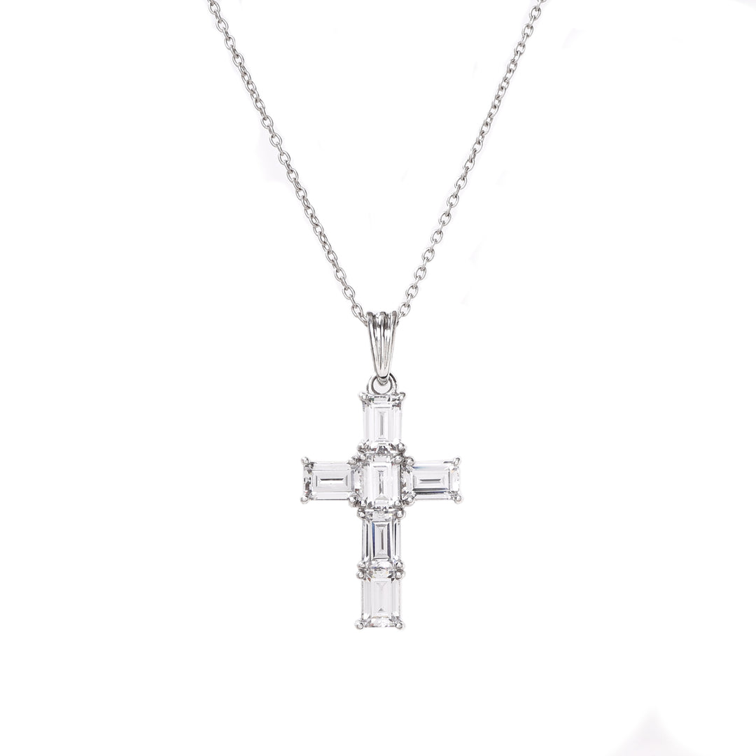 Silver Baguette Cut Cross Pendant Necklace | Women's Gift