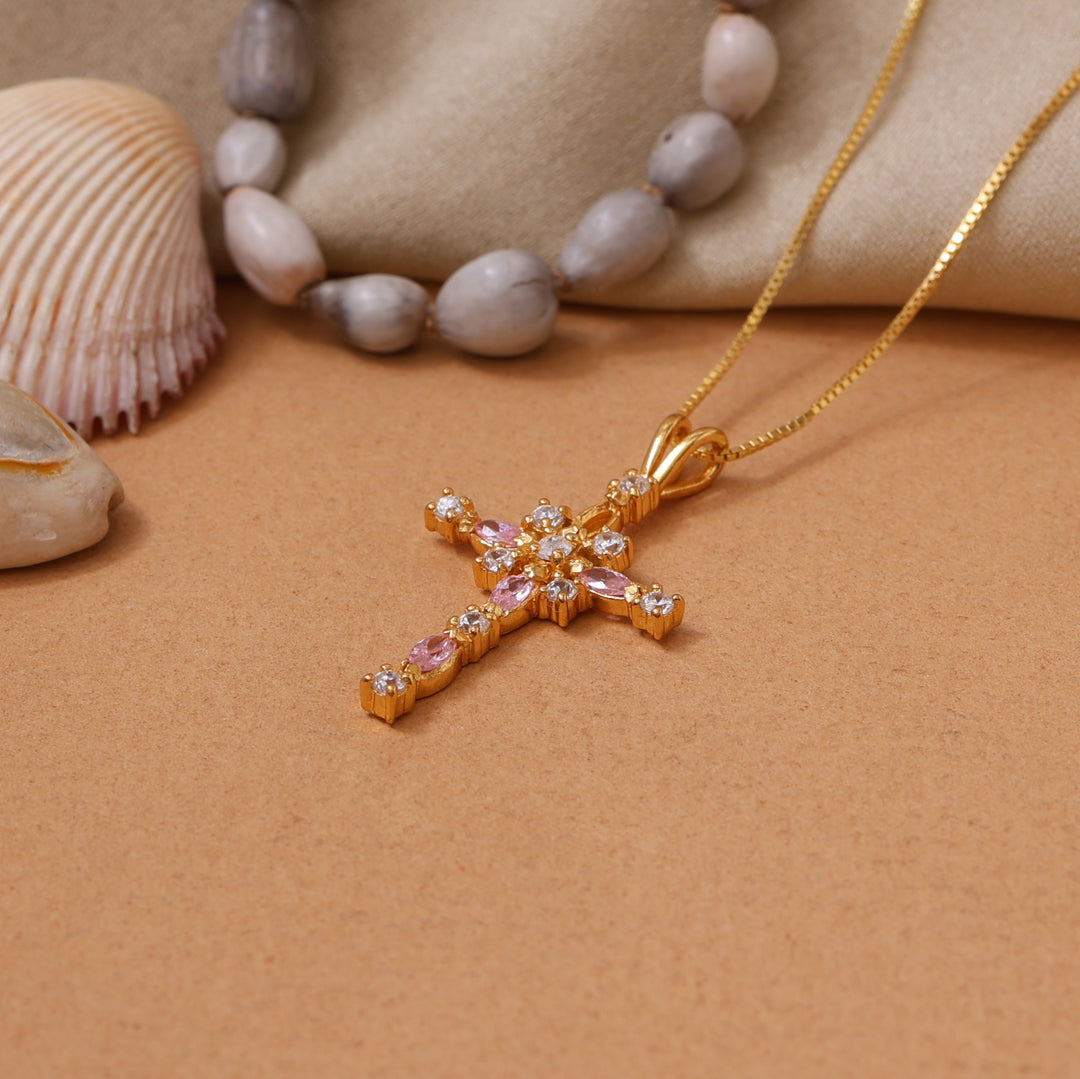 gold plating Cross Necklace with Pink Gemstones | Women's Pendant