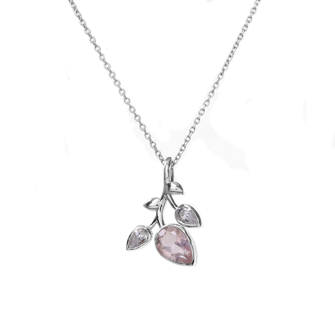 925 Silver Rose Quartz Leaf Pendant Necklace for Women
