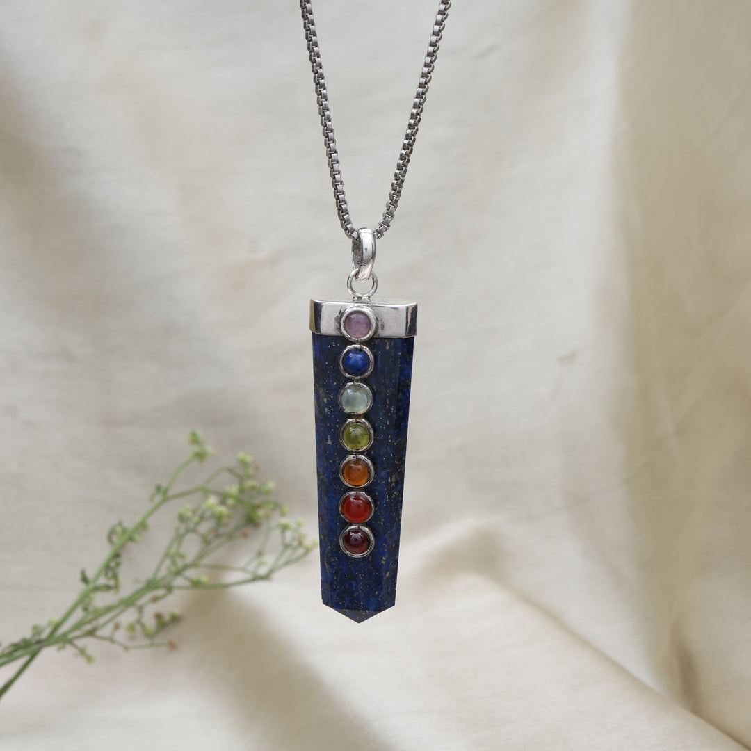 Lapis Lazuli 7 Chakra Point Pendant Necklace with Box Chain