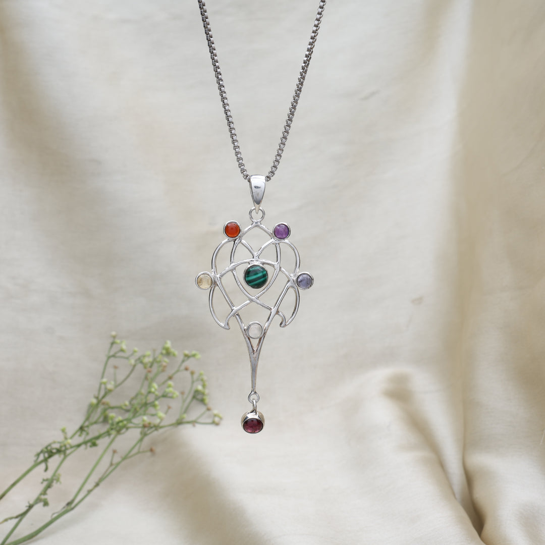 925 Sterling Silver Celtic Pendant Necklace with 7 Chakra Gemstones