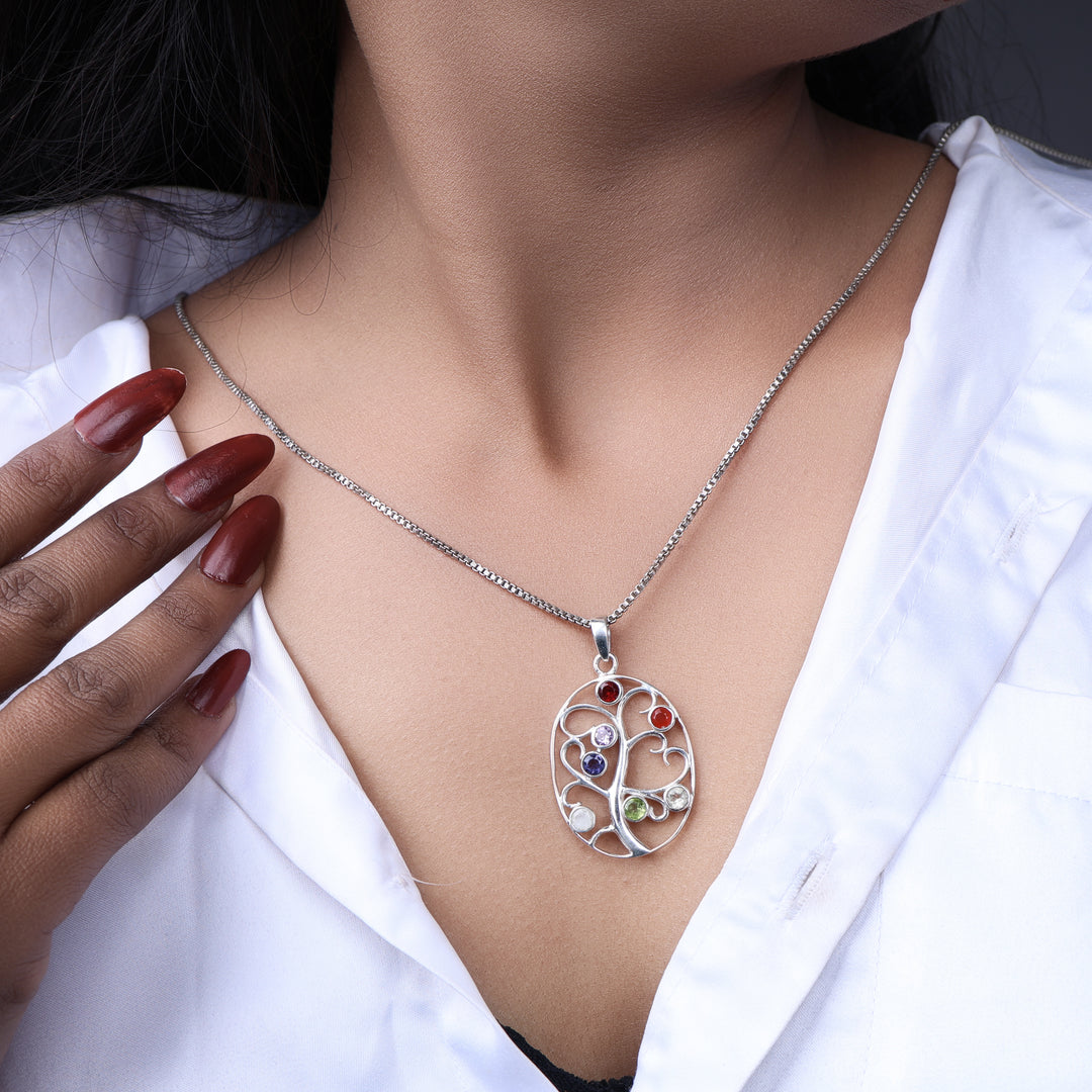 925 Silver Tree of Life Pendant Necklace with Multi-Stone for Women