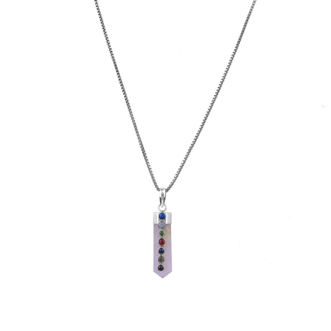 Rose Quartz 7 Chakra Point Pendant Necklace with Sterling Silver Box Chain