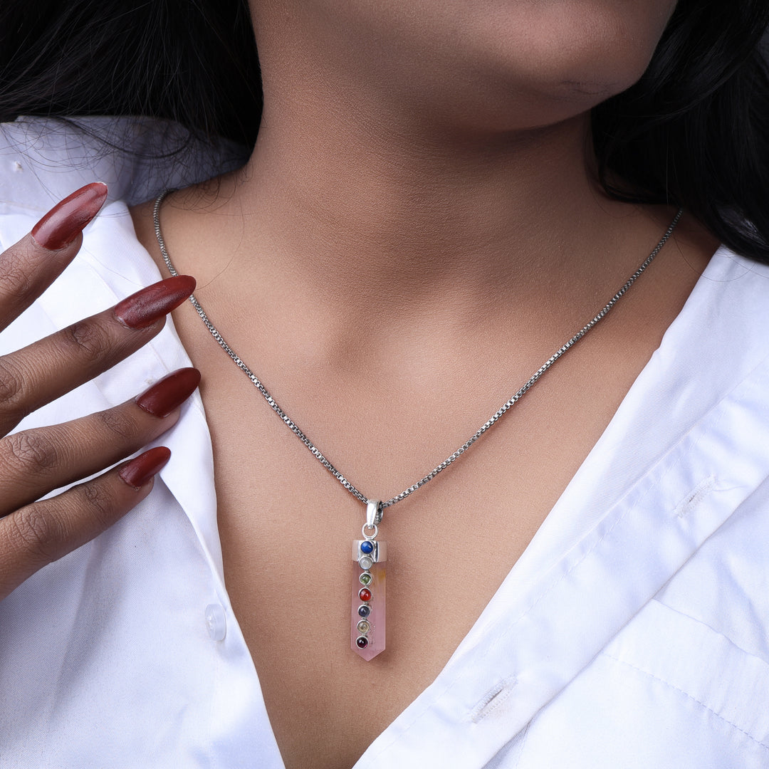 Rose Quartz 7 Chakra Point Pendant Necklace with Sterling Silver Box Chain