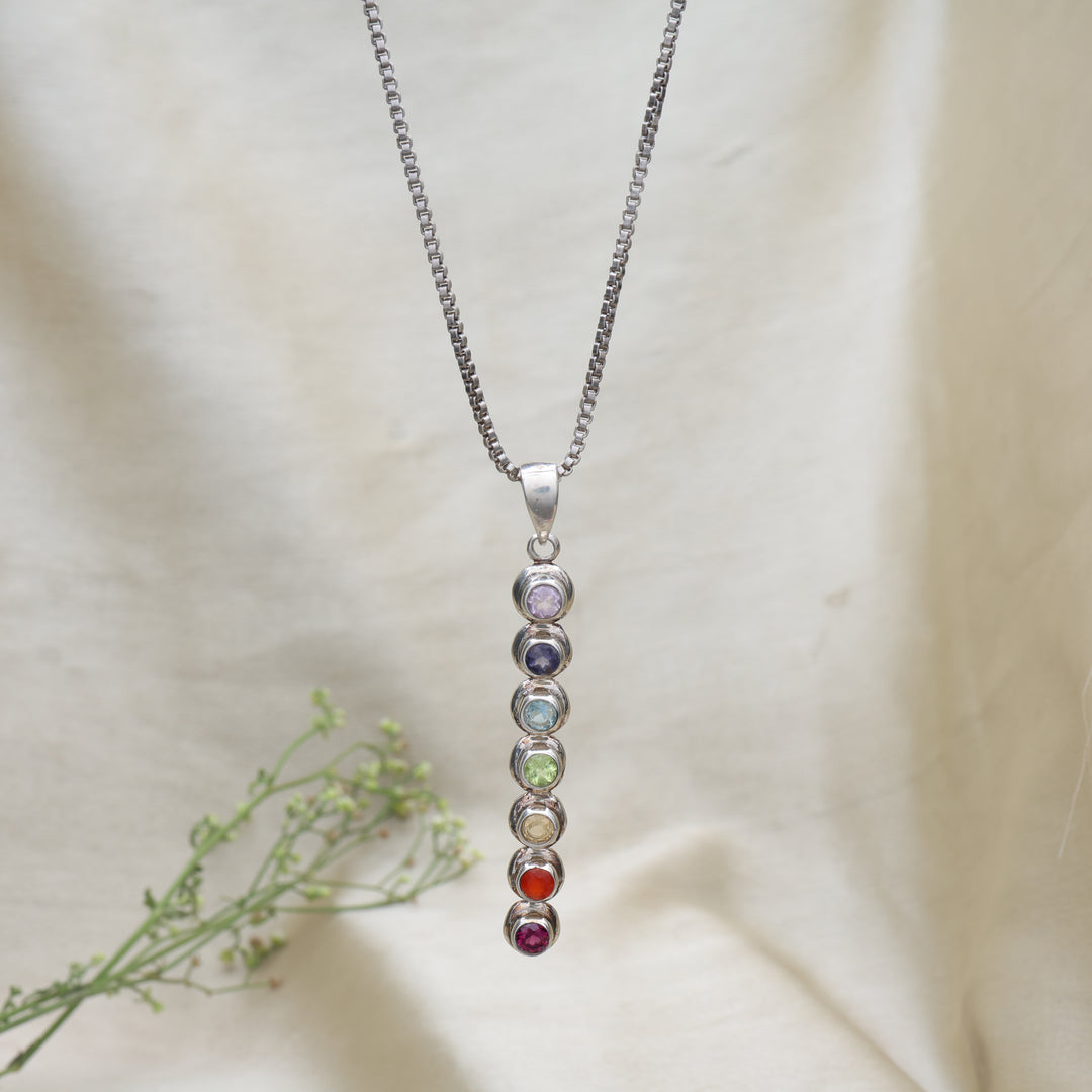 925 Sterling Silver 7 Chakra Stone Bar Pendant Necklace for Women