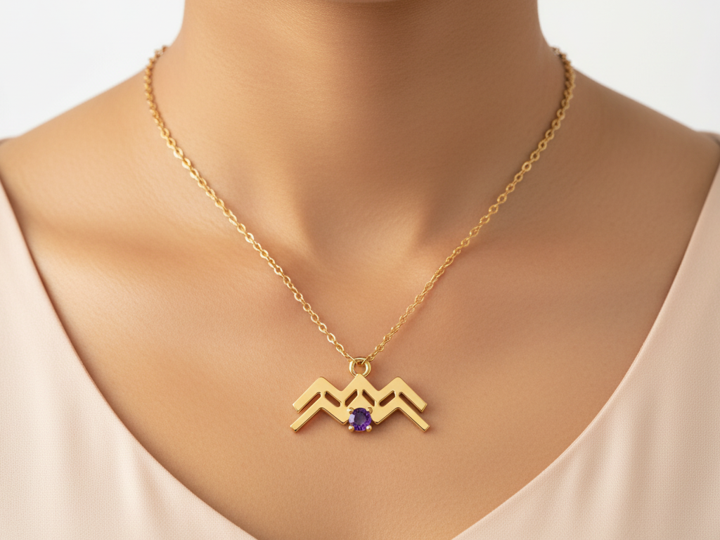 Aquarius Zodiac Purple Cubic Zirconia Necklace in Gold Plated 925 Silver