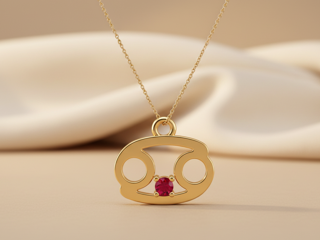 Cancer Zodiac Red Cubic Zirconia Necklace Gold Plated 925 Silver Pendant