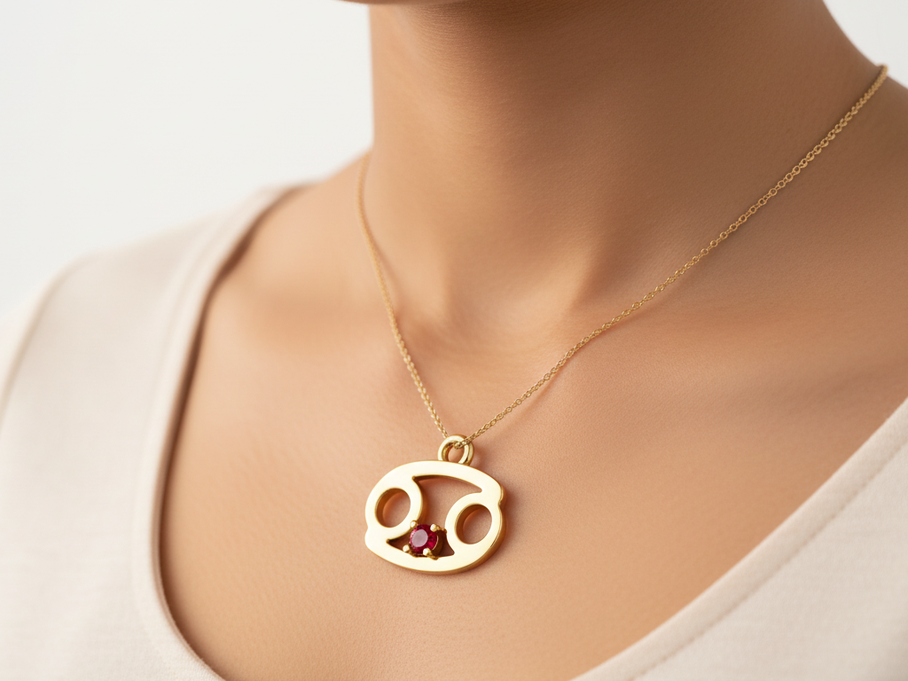 Cancer Zodiac Red Cubic Zirconia Necklace Gold Plated 925 Silver Pendant