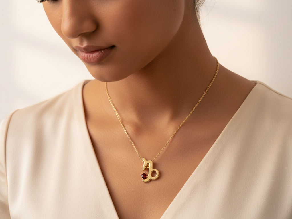Gold Plated 925 Silver Capricorn Zodiac Necklace with Garnet colour Cubic Zirconia