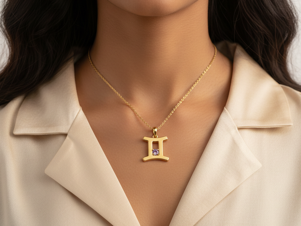 Gemini Zodiac Lavender colour Cubic Zirconia Pendant Necklace in Gold Plated 925 Silver