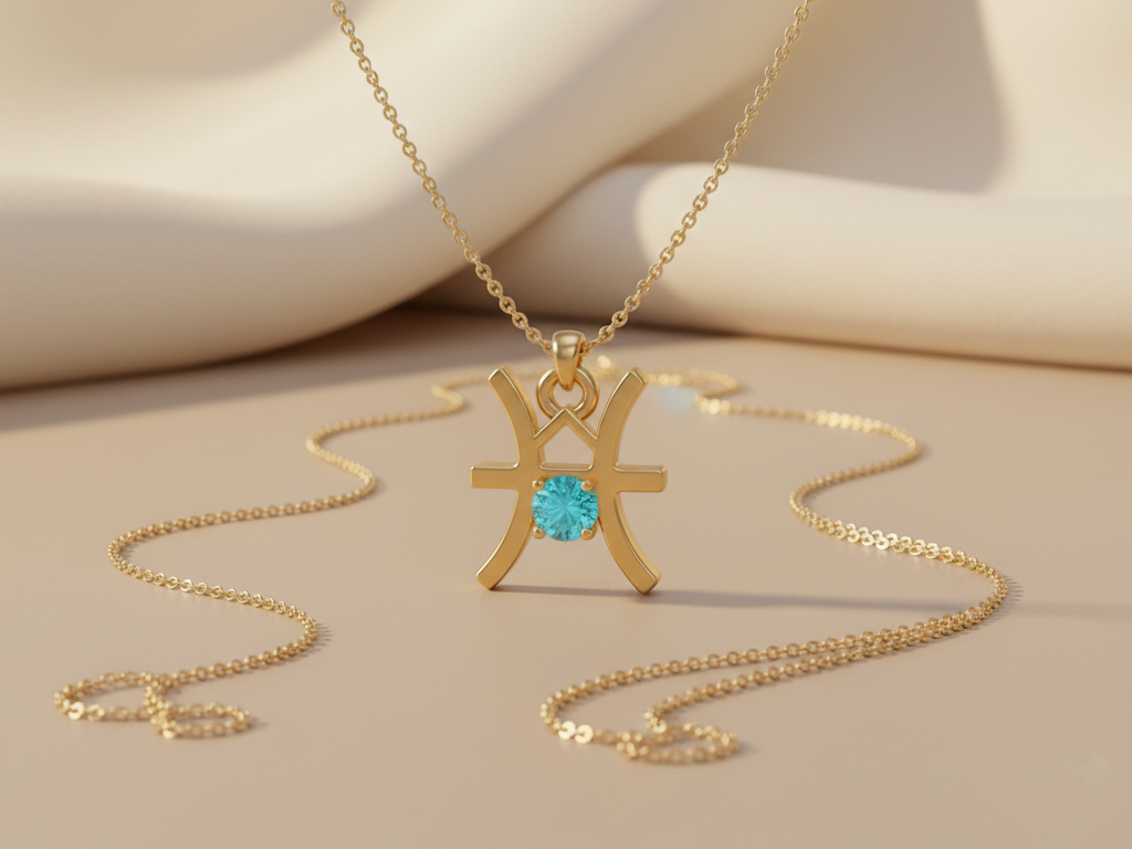 Pisces Zodiac Necklace Gold Plated 925 Silver with Aqua Blue Cubic Zirconia