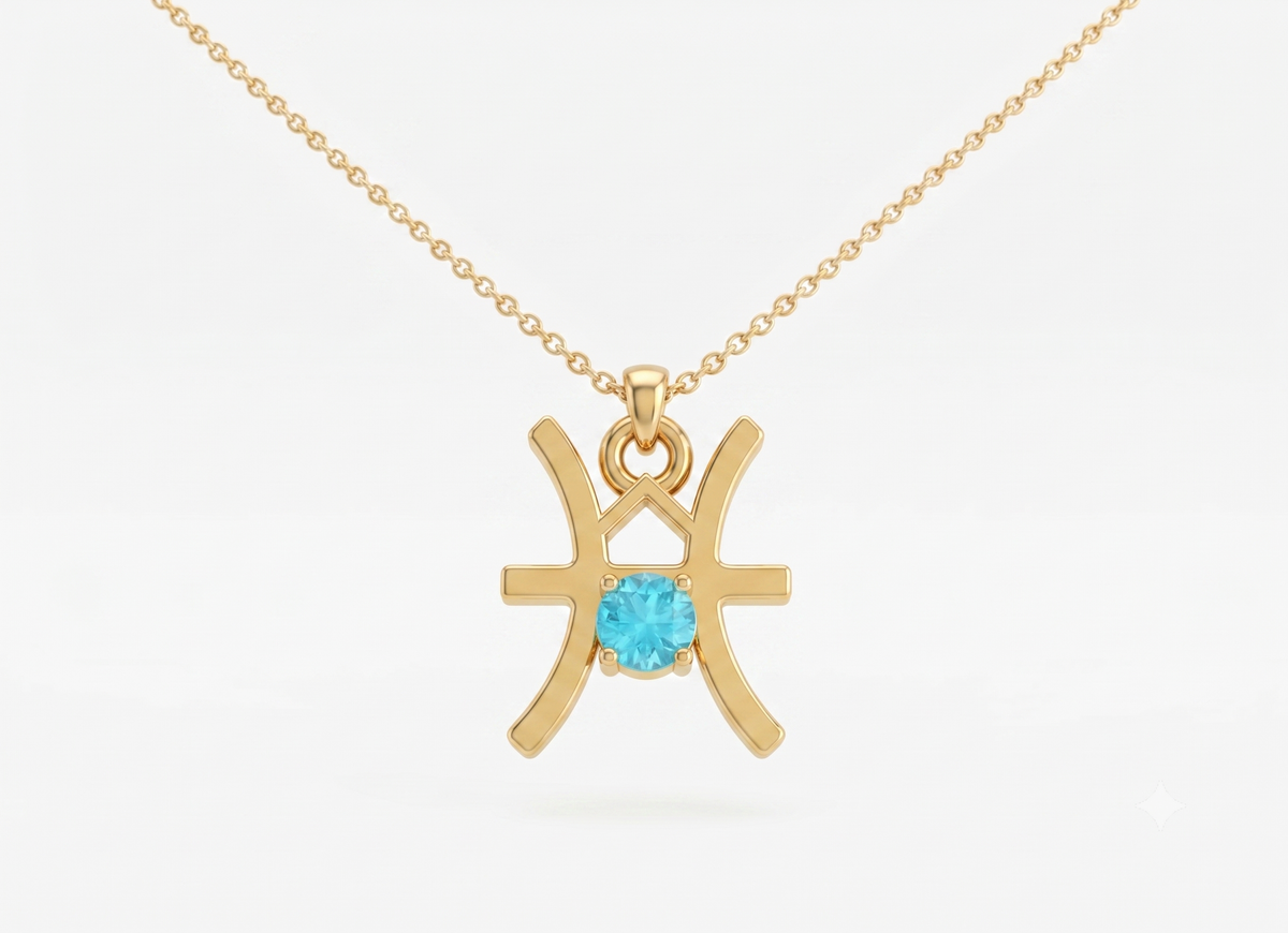 Pisces zodiac necklace gold plated 925 silver with aqua blue cubic zirconia
