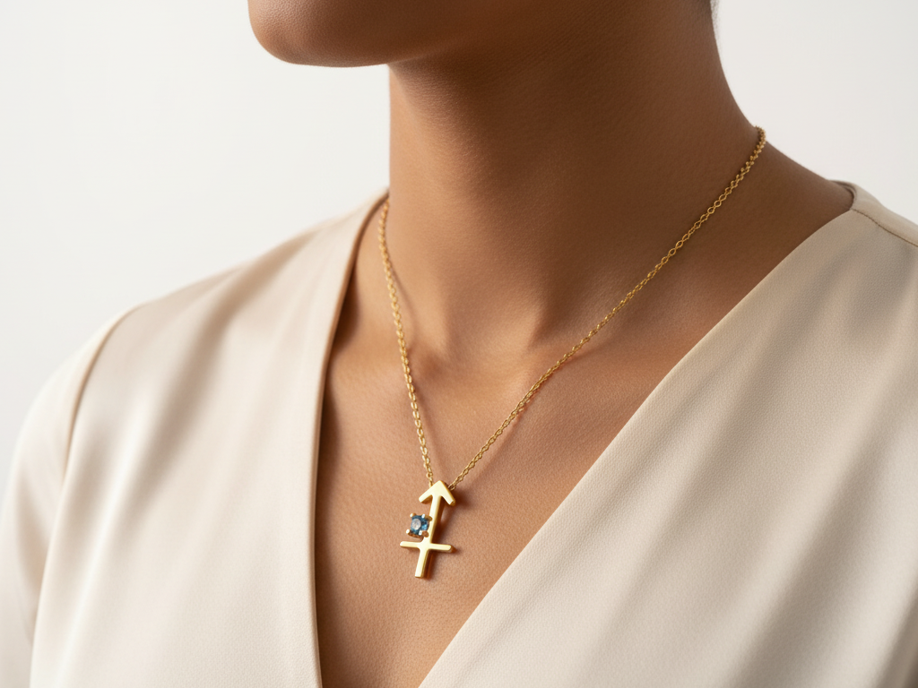 Gold Plated 925 Silver Sagittarius Zodiac Necklace with Blue Cubic Zirconia