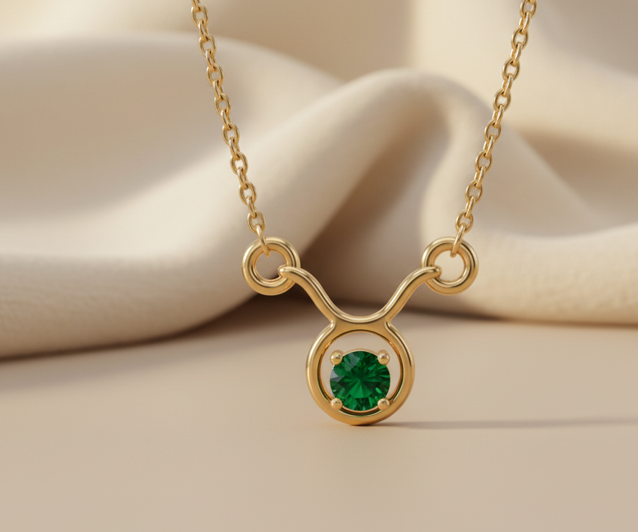 Gold Plated 925 Silver Taurus Zodiac Necklace with Green colour Glass Stone