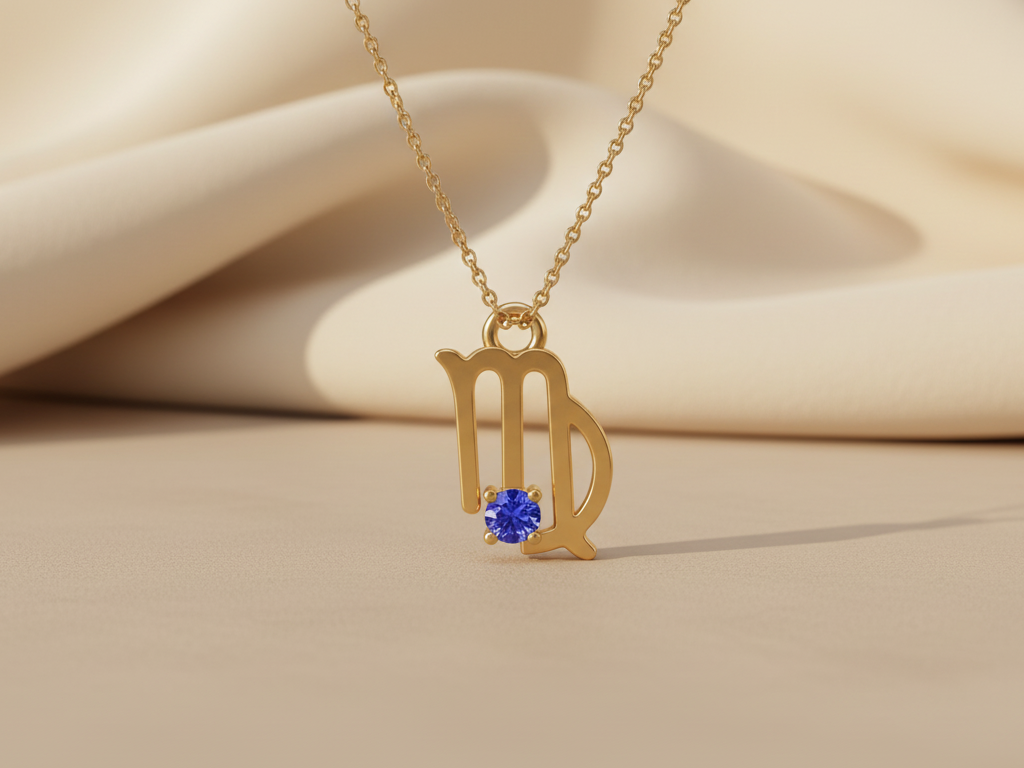Virgo Zodiac Necklace Gold Plated 925 Silver with Tanzanite colour Cubic Zirconia