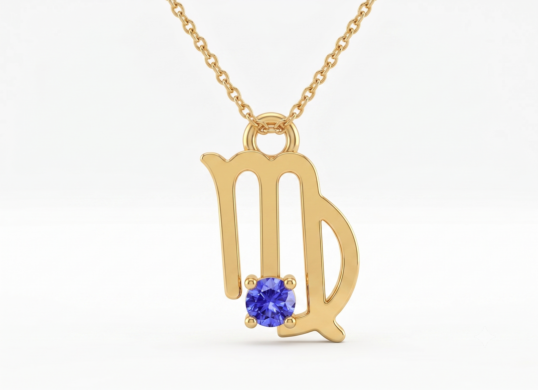 Virgo Zodiac Necklace Gold Plated 925 Silver with Tanzanite colour Cubic Zirconia