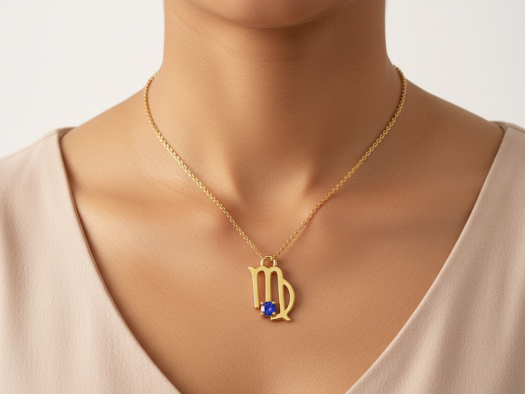 Virgo Zodiac Necklace Gold Plated 925 Silver with Tanzanite colour Cubic Zirconia