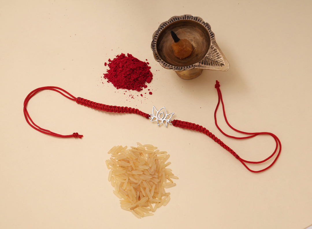 Lotus Flower 925 Silver Rakhi for Brother with Red Thread