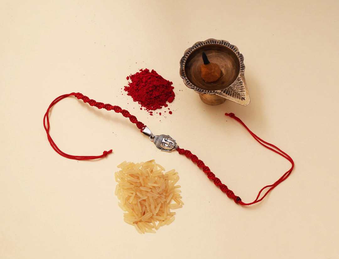Buddha Head 925 Silver Rakhi for Brother on Red Thread