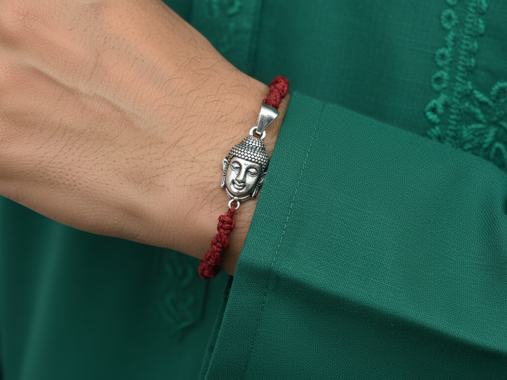 Buddha Head 925 Silver Rakhi for Brother on Red Thread