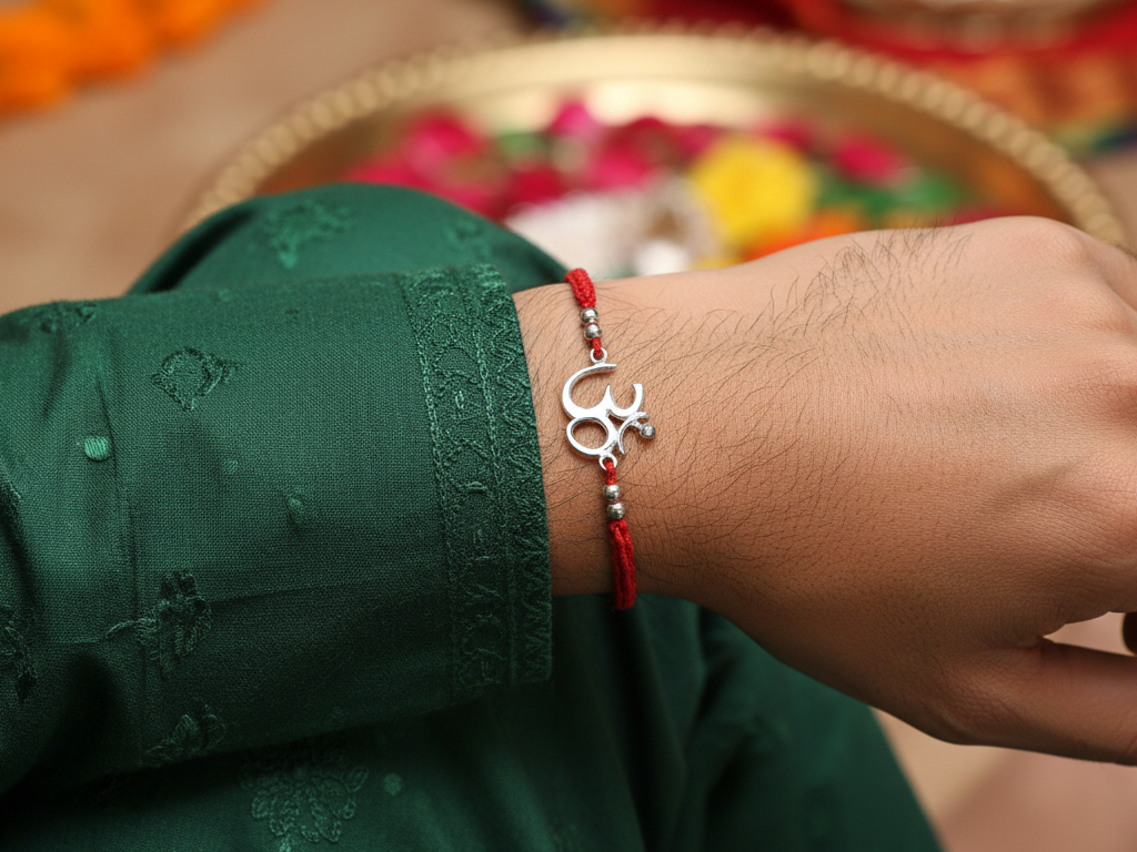 925 Sterling Silver Om Rakhi for Brother with CZ Stone