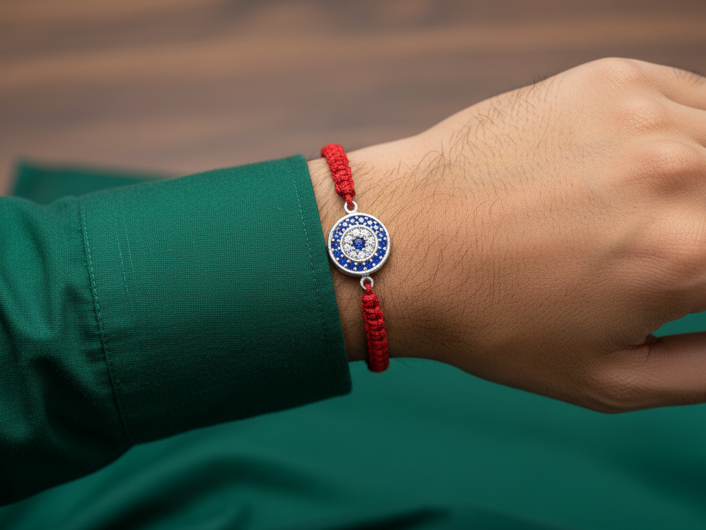 Sterling Silver Evil Eye CZ Rakhi for Brother for Raksha Bandhan