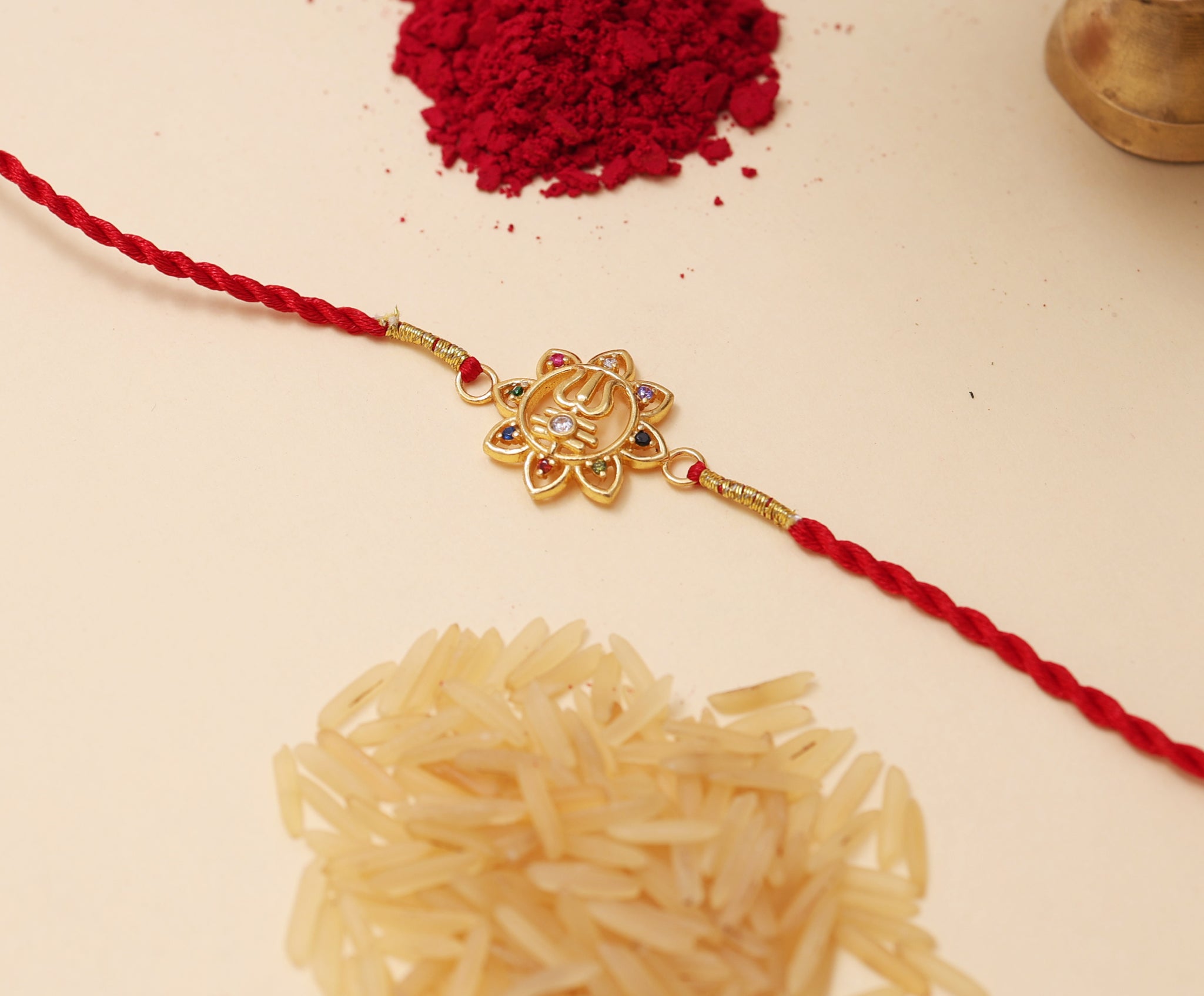 Gold Plated 925 Silver Trishul Navratna CZ Rakhi for Brother