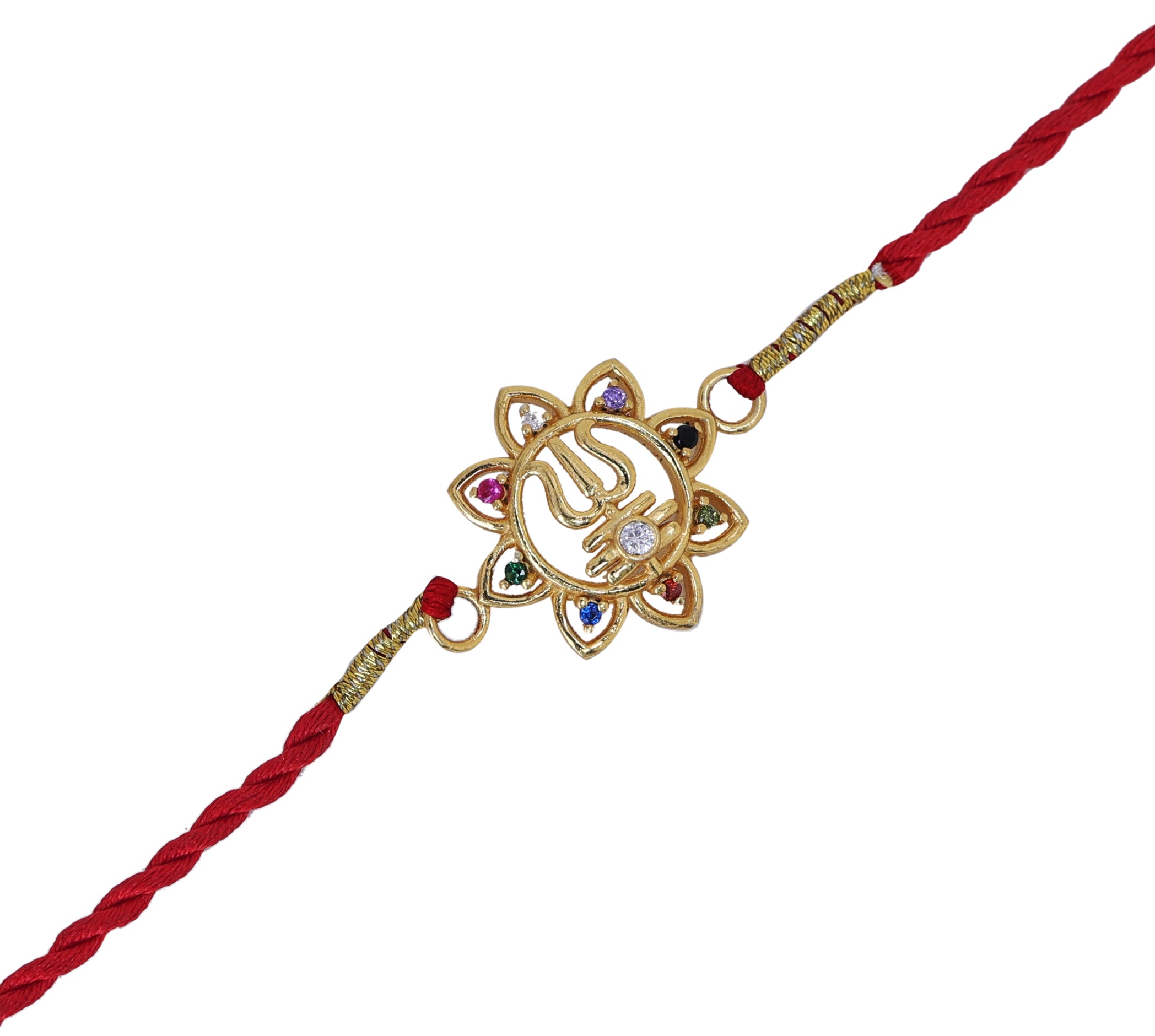 Gold Plated 925 Silver Trishul Navratna CZ Rakhi for Brother
