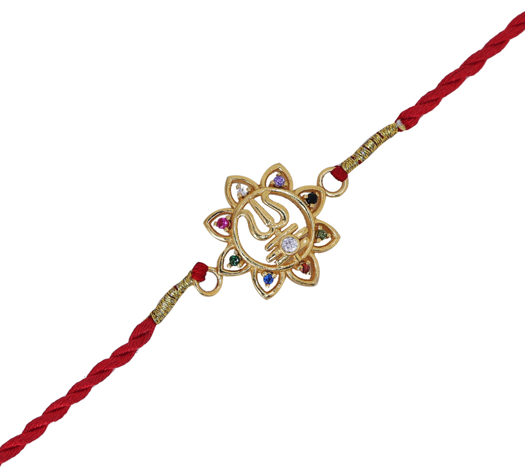 Gold Plated 925 Silver Trishul Navratna CZ Rakhi for Brother