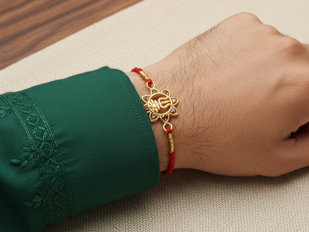 Gold Plated 925 Silver Trishul Navratna CZ Rakhi for Brother