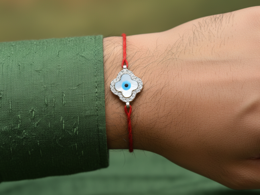 Evil Eye Clover Rakhi in 925 Sterling Silver with CZ for Brother