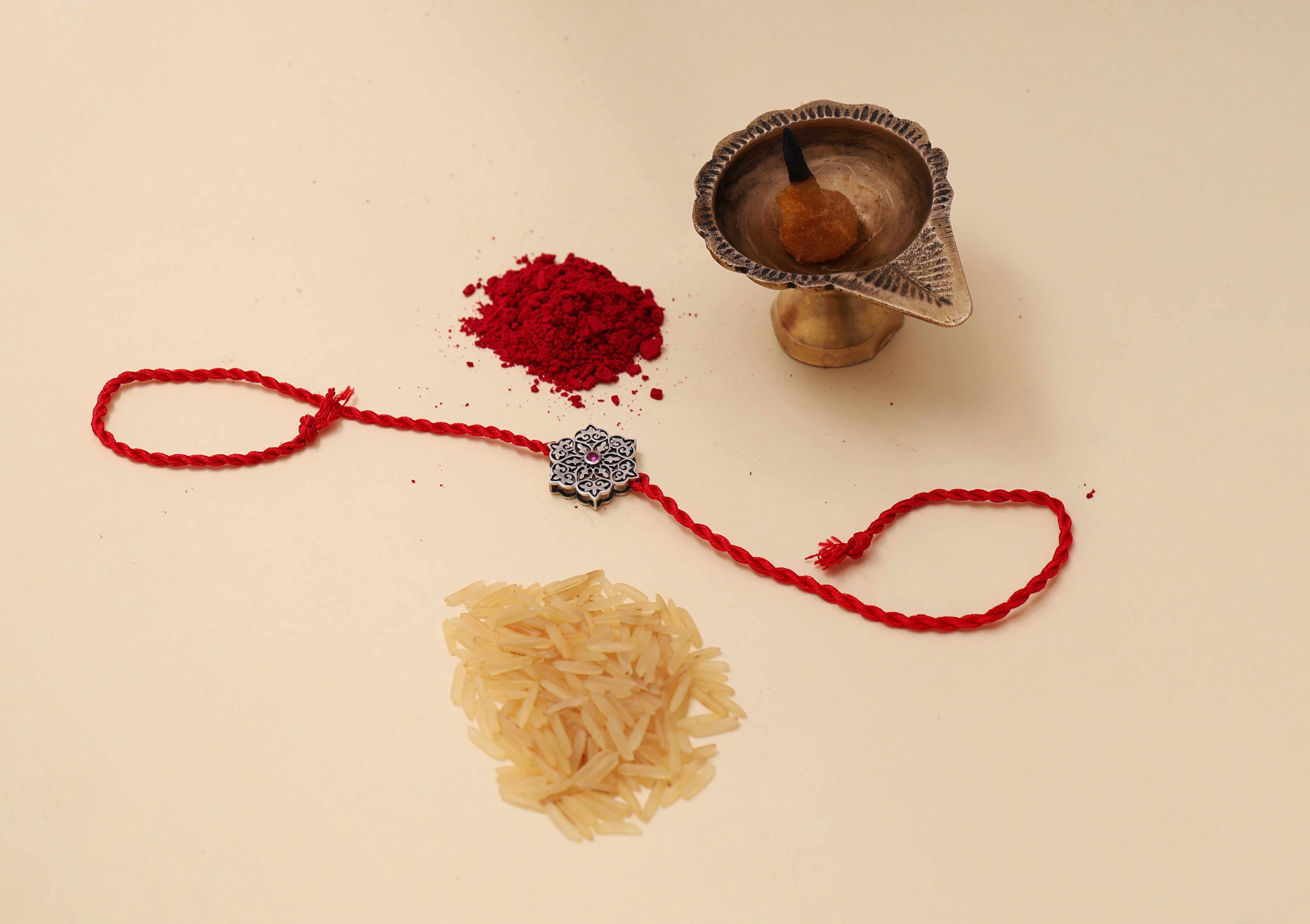 Floral Mandala 925 Sterling Silver Rakhi with CZ for Brother