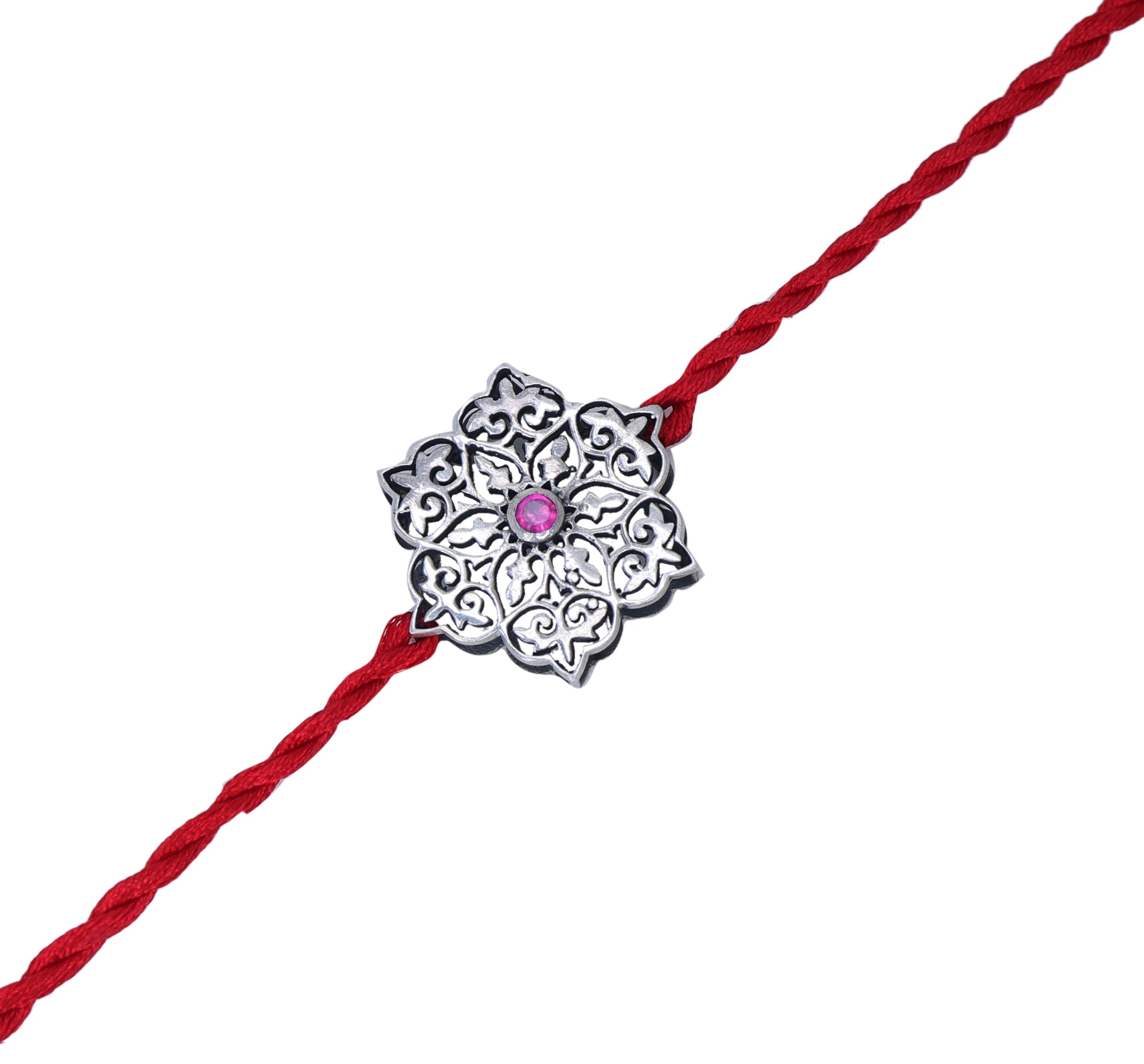 Floral Mandala 925 Sterling Silver Rakhi with CZ for Brother