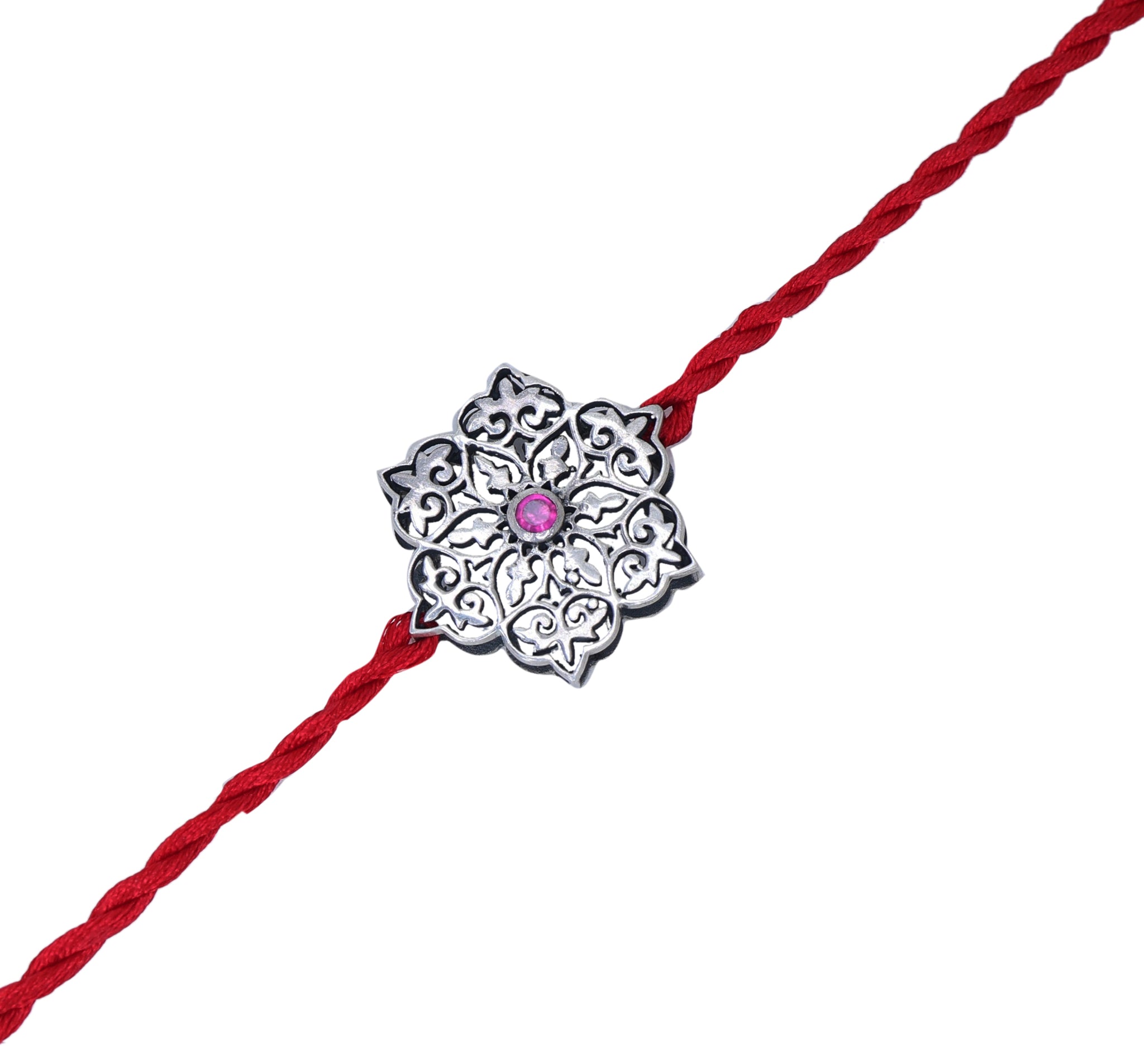 Floral Mandala 925 Sterling Silver Rakhi with CZ for Brother