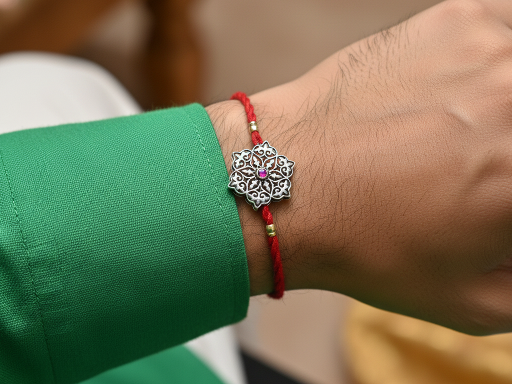 Floral Mandala 925 Sterling Silver Rakhi with CZ for Brother