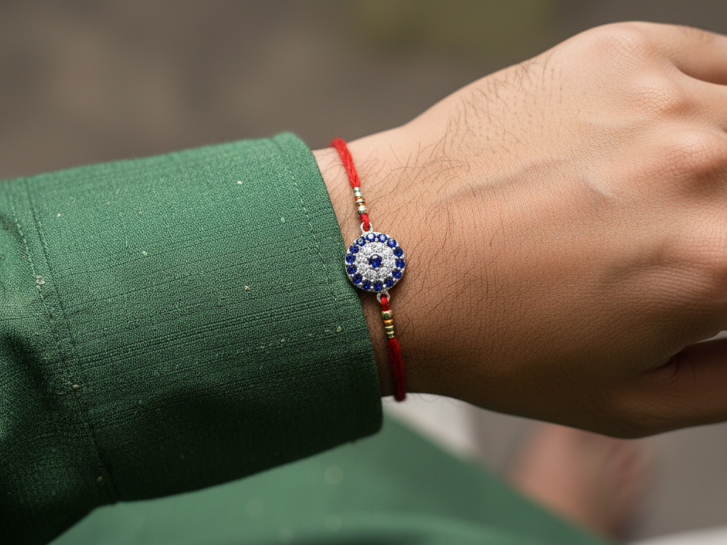 Evil Eye CZ Rakhi in 925 Sterling Silver for Raksha Bandhan