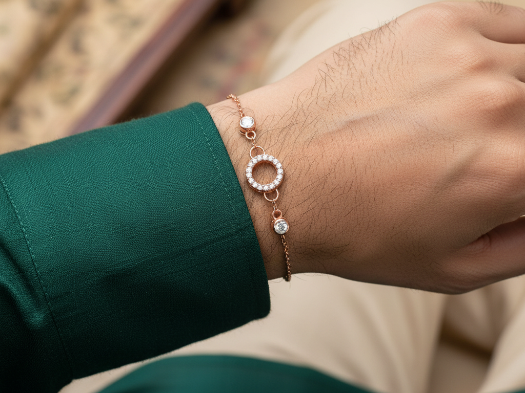 Eternity Circle CZ Rakhi for Brother in Rose Gold 925 Silver