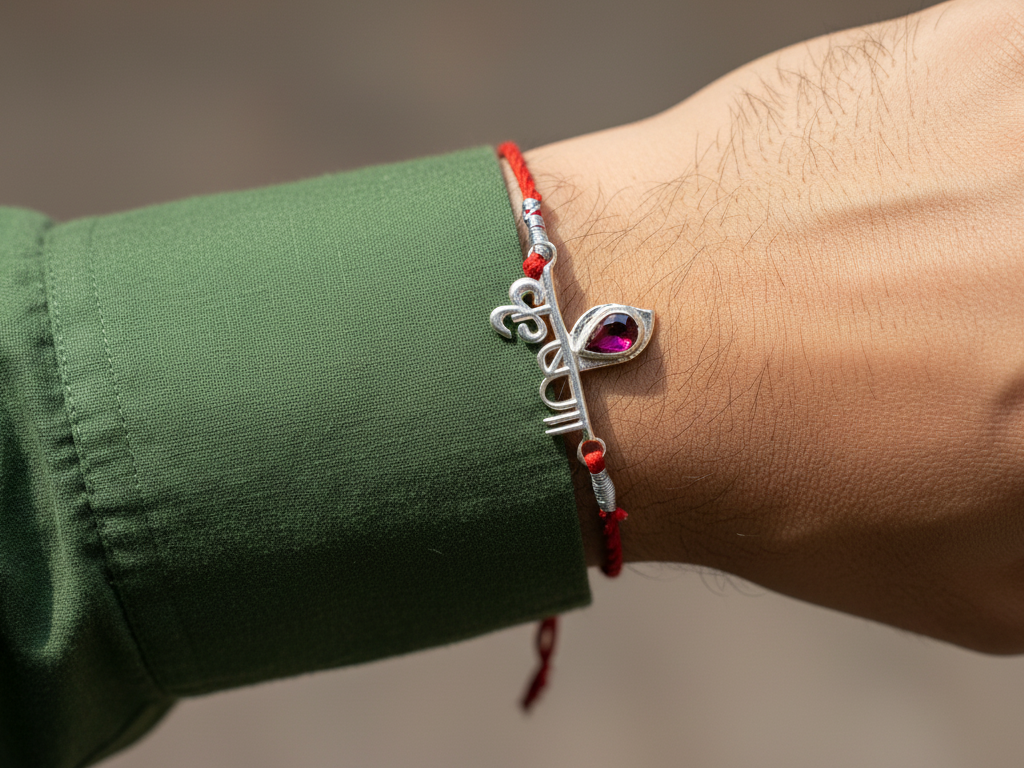 925 Sterling Silver Krishna Name Rakhi with CZ for Raksha Bandhan