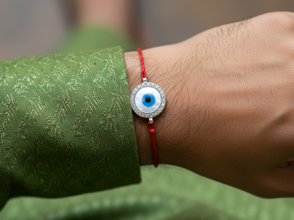 Evil Eye Rakhi for Brother in 925 Sterling Silver with CZ