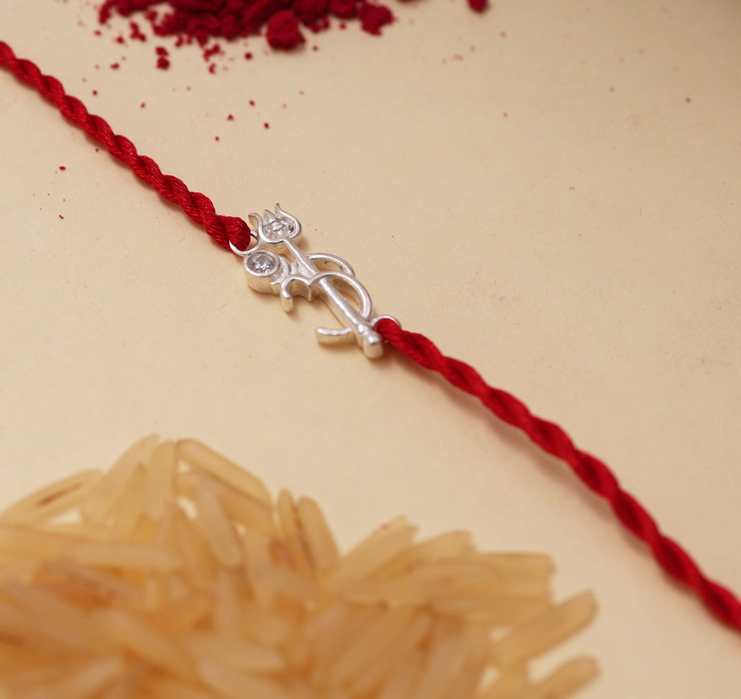 Shiva Trishul Damaru Rakhi in 925 Sterling Silver with CZ for Brother