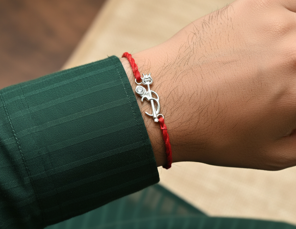 Shiva Trishul Damaru Rakhi in 925 Sterling Silver with CZ for Brother
