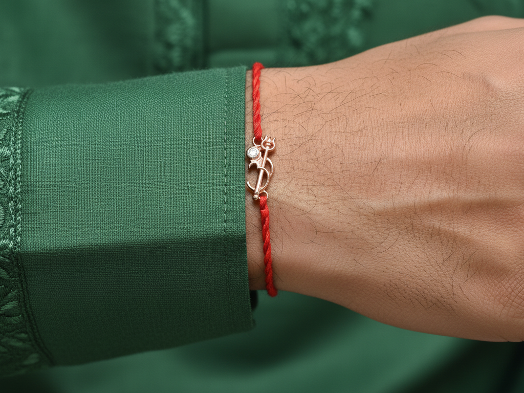 Shiva Trishul Om Rakhi in 925 Sterling Silver with CZ for Brother